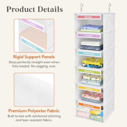 Lifewit 6 Shelf Weekly Hanging Clothes Storage Organizer for Kids, White | Closet Storage with Color Labels for School Outfits, Daily Clothing Divider with Days of The Week Monday to Friday Weekend