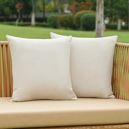 NiNi ALL Outdoor Waterproof Beige Throw Pillow Covers Set of 2 18x18 Inch Faux Linen Texture Decorative Farmhouse Solid Water Resistant Cushion Covers for Tent Patio Garden Couch Sofa
