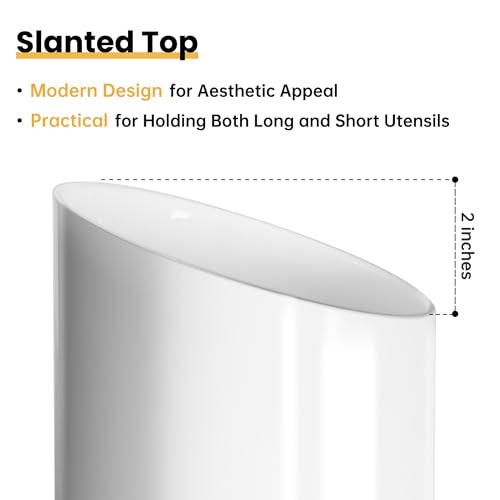 KITEISCAT Large Ceramic Utensil Holder for Kitchen Counter, Modern Crock with Slanted Top & Cork Mat, for Spatulas & Cooking Spoons, White