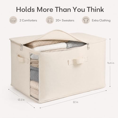 3 Pack Canvas Comforter Storage Bags for Clothes & King Comforters, Natural | 70L Capacity, Dual Zippers, Three Reinforced Handles, Foldable Canvas Design for Comforters, Blankets and Seasonal Clothing