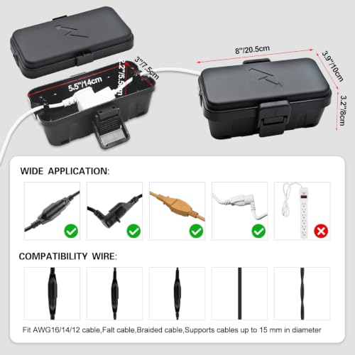 Small Weatherproof Electrical Connection Box(Inner 5.5 x 3 x 2.2inch),Outdoor Electrical Box,Waterproof Extension Cord Covers for Plug, Extension Cables, Holiday Lights,Black