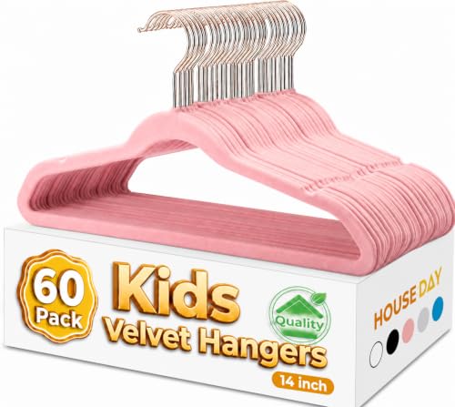 HOUSE DAY Velvet Kids Hangers 60 Pack, Premium Childrens Hangers for Closet | Blush Pink Ultra Thin Cute Clothes Hanger, Non Slip Small Felt Hanger 14 Inch for Kids Clothes +360° Swivel Rose Gold Hook