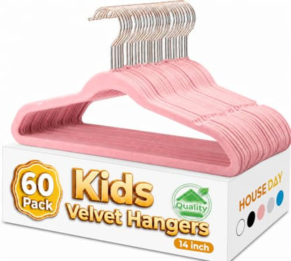 HOUSE DAY Velvet Kids Hangers 60 Pack, Premium Childrens Hangers for Closet | Blush Pink Ultra Thin Cute Clothes Hanger, Non Slip Small Felt Hanger 14 Inch for Kids Clothes +360° Swivel Rose Gold Hook