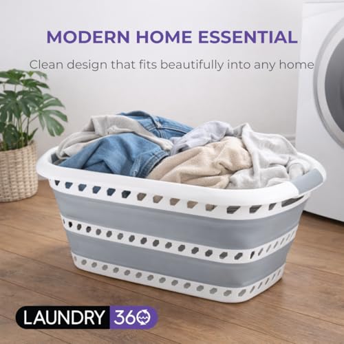 Laundry 360 Collapsible Laundry Basket 40L | Portable | Space Saver Storage | Hold 2 Loads | Store Under the Bed or Closet | Good for Kids | Dorm | Bedroom | Large | White/Grey