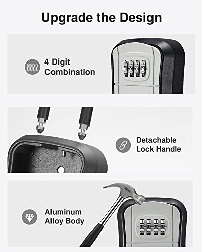 Puroma Key Lock Box Outdoor 4 Digit Code Combination Lockbox House, 1 Gray | For Contractors Guest Realtor Storage Keys, Portable, Home Wall Mount, Resettable, Combination, Weatherproof, High-capacity