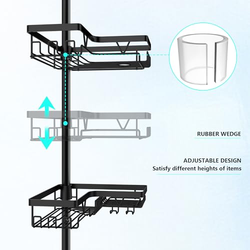 Corner Shower Caddy Tension Pole 4 Tier Shower Caddy Organizer Black | Space Saver, 28 Hook, Soap Dish, Razor Holder, Rustproof, For Bathtub Bathroom, Floor to Ceiling 25-114 Inch, Simple Install