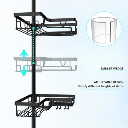 Corner Shower Caddy Tension Pole 4 Tier Shower Caddy Organizer Black | Space Saver, 28 Hook, Soap Dish, Razor Holder, Rustproof, For Bathtub Bathroom, Floor to Ceiling 25-114 Inch, Simple Install