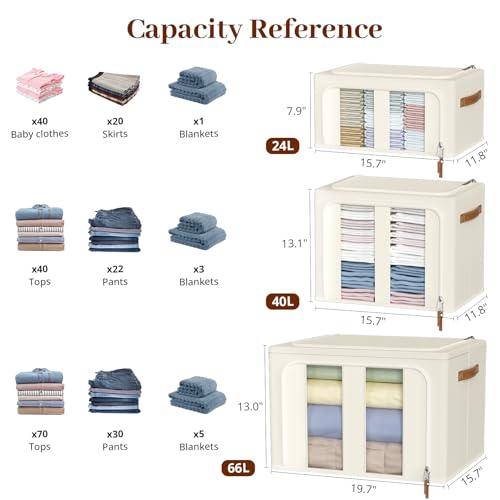 Clothes Storage Bins with Metal Frame, 4-Pack foldable storage bins with Lid, Closet Organizer for Sweaters, Blankets, and Winter Clothes,40L