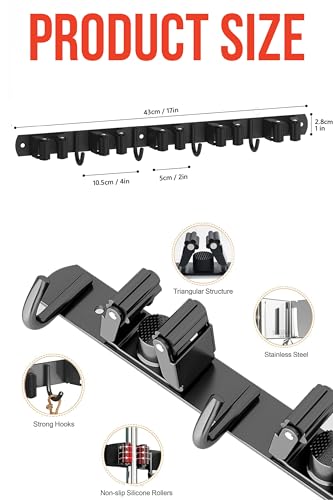 Mop and Broom Holder Wall Mount, Upgraded Broom Hanger Wall Mount, Stainless Steel Broom Organizer for Closet Garage Laundry Room Kitchen Wall Decor(5Racks 4Hooks Black)