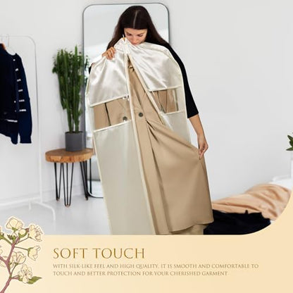Univivi Satin Garment Bags for Hanging Clothes, Apricot, 60 Inch, 2 Pack | Soft Silk Garment Bag Zippered Dress Cover with Gussets and Clear Window, Breathable and Non-smell for Shirts, Coats, Jackets