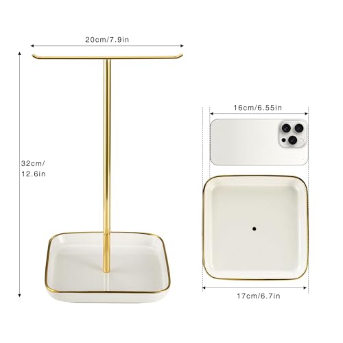 Jewelry Holder Stand with Ceramic Base, Necklace Tree: 12"Tall, 6.7"Base, Gold