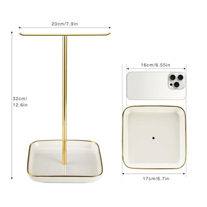 Jewelry Holder Stand with Ceramic Base, Necklace Tree: 12"Tall, 6.7"Base, Gold