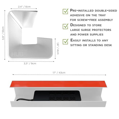 No-Screw Under Desk Cable Management Tray - Self-Adhesive Installation, Cord Management, Cable Tray, Under Desk Wire Organizer - White Set of 2