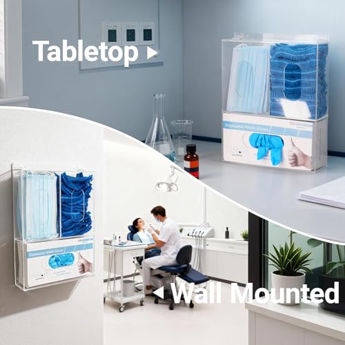 Triple Hygiene Dispenser Sanitation Station with Lid - Tabletop or Wall Mounted Masks and Glove Box Holder Dispenser for Hairnet Shoe Cover - 3 Compartments Acrylic Medical Organizer, Clear