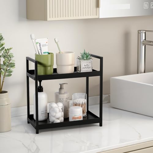 Bathroom Counter Organizer Vanity Storage Countertop Shelf, Small Black | 2 Tier Makeup Organizer Perfume Tray Skincare Holder for Sink, Dresser, Kitchen