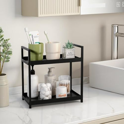 Bathroom Counter Organizer Vanity Storage Countertop Shelf, Small Black | 2 Tier Makeup Organizer Perfume Tray Skincare Holder for Sink, Dresser, Kitchen