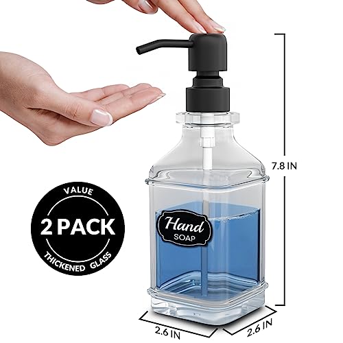 Soap Dispenser - 2 Pack, Antique Design Thick Glass Hand Soap Dispensers with Sturdy Tray; 304 Rust Proof Stainless Steel Black Pump, 12Pcs Stickers, for Kitchen, Bathroom