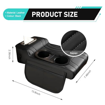 Car Center Console Cover, Microfiber Leather Car Armrest Cover, Multifunctional Armrest Storage Box with 2 Storage Bags, Cup Holders, Tissue Box Slot, Universal for Most Cars (Black)