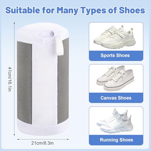 2 PCS Shoe Washing Machine Bags for Washer and Dryer, Grey + White | Reusable Laundry Shoe Bag, Hands Free, Hidden Self-locking Zipper, 360° Deep Cleaning, For Sneakers and All Shoes Types
