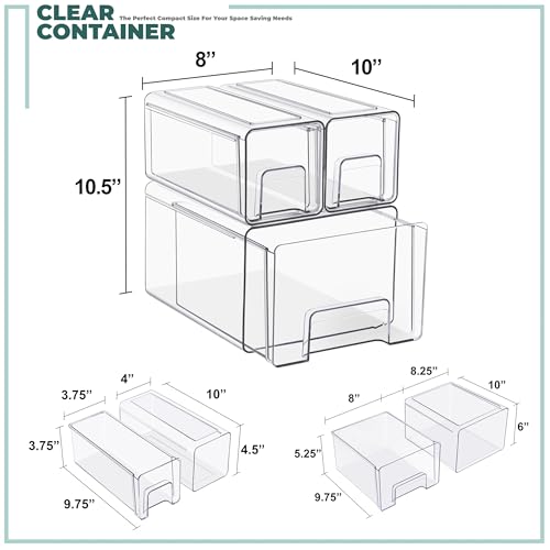 Sorbus 1 Large & 2 Small Clear Stackable Storage Drawers, Plastic Organizer Bins with Handles, Pull-Out Stackable Drawers for Bathroom Closet, Medicine, Cabinet, Pantry Storage, Baby Bottle Organizer
