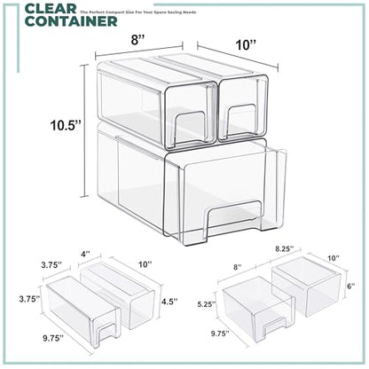 Sorbus 1 Large & 2 Small Clear Stackable Storage Drawers, Plastic Organizer Bins with Handles, Pull-Out Stackable Drawers for Bathroom Closet, Medicine, Cabinet, Pantry Storage, Baby Bottle Organizer