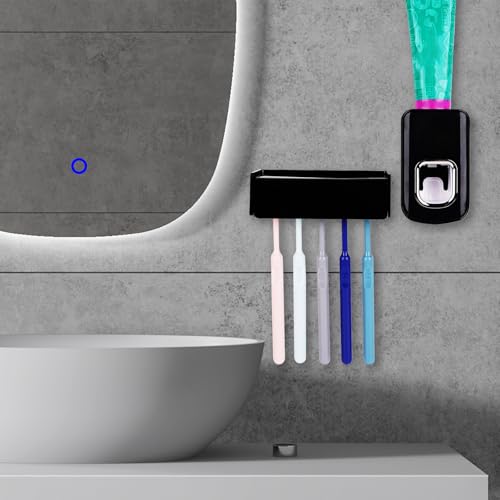 5 Slots Wall Mount Toothbrush Holder with Cover, Self Adhesive Toothbrush Storage Organizer for Shower, Toothbrush Hanger with Automatic Toothpaste Squeezer Dispenser(Black)