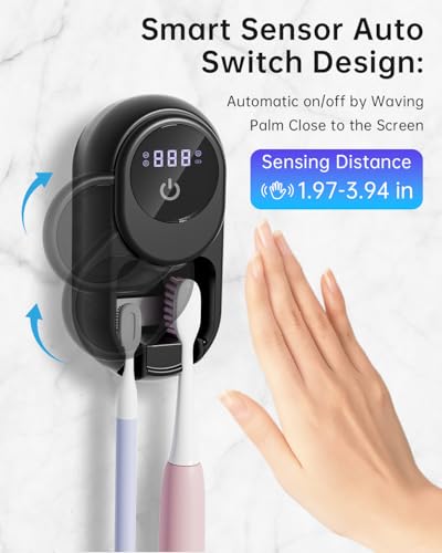Toothbrush Holder & Toothbrush Cleaner, UV Toothbrush Sanitizer and Holder 2 Slots, Cleaning and Fan & Heat Drying, LED Smart Screen, Wall Mounted Tooth Brush Holder for Bathrooms (Black)