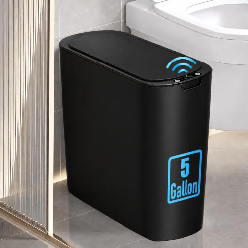 TIPGO 5 Gallon Motion Sensor Bathroom Trash Can with Lid, Automatic Garbage Can Touchless, Smart Plastic Waste Basket for Narrow Spaces, Bathroom, Office, Bedroom, Living Room (Black)