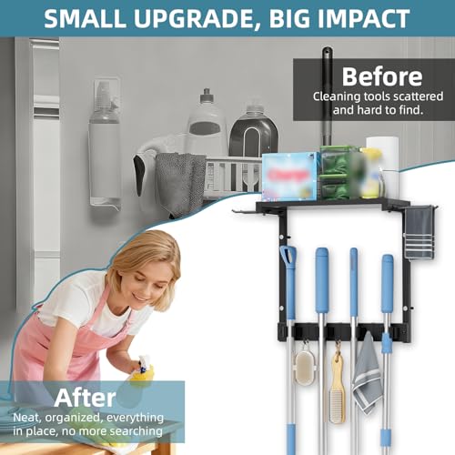 Wall Mount Broom Mop Holder, Cleaning Organizer with Storage Shelf | Wall Mount Broom & Mop Holder with Shelf. Organizes cleaning tools, space-saving, easy install for kitchen, laundry & garage.
