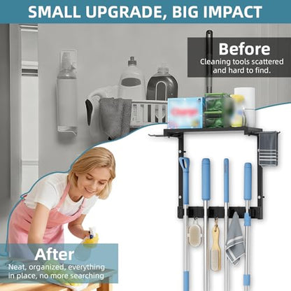 Wall Mount Broom Mop Holder, Cleaning Organizer with Storage Shelf | Wall Mount Broom & Mop Holder with Shelf. Organizes cleaning tools, space-saving, easy install for kitchen, laundry & garage.