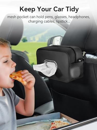 Multi-Functional Car Tissue Holder with 2 Storage Nets, Upgraded PU Leather Tissue Box Cover, Large Rectangle Napkin Organizer Fit for 100-160 Regular Size Tissues, Keep Car Tidy, Black