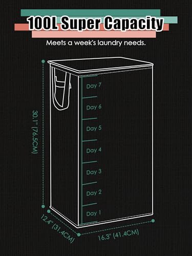 Laundry Hamper with Lid, Reinforced Sturdy Clothes Hamper with Anti-Puncture Base, Large Collapsible Laundry Basket with Removable Liner Bag, Tall Dirty Clothes Bin for Family, 100L Grey