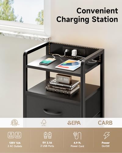 Nightstand with Rear Charging Station, LED Light, 2 Drawers, Black | Industrial Nightstand, 2 USB-A Ports & AC Outlets, Raised Back Guard, Fabric Storage Drawers, Bedside Table for Bedroom, Dorm