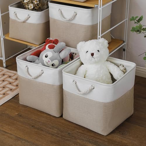 MidmmVick 13 x 13 Inch Cube Storage Bins, 6 Pack Extra Large Collapsible Fabric Storage Bin with Ropes, Foldable Storage Cubes for Home (White & Beige-13"x13"x13")