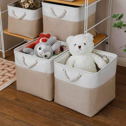 MidmmVick 13 x 13 Inch Cube Storage Bins, 6 Pack Extra Large Collapsible Fabric Storage Bin with Ropes, Foldable Storage Cubes for Home (White & Beige-13"x13"x13")