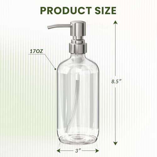 AmazerBath Soap Dispenser, 2 Pack Glass Soap Dispenser with Pump Stainless Steel, 17 Oz Hand Soap Bottles Bathroom Kitchen, Clear