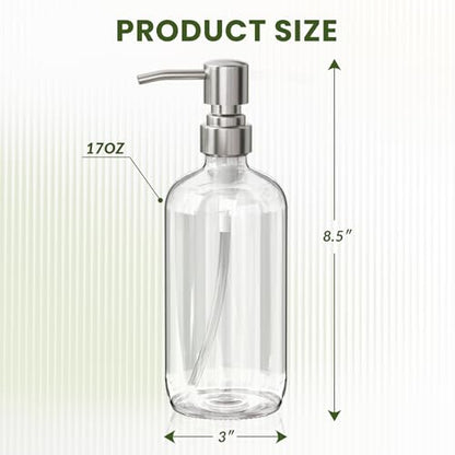 AmazerBath Soap Dispenser, 2 Pack Glass Soap Dispenser with Pump Stainless Steel, 17 Oz Hand Soap Bottles Bathroom Kitchen, Clear
