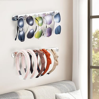 Sunglasses Organizer Wall Mounted, Metal Glasses Sunglass Holder for Wall, Self Adhesive Eyeglass Display Storage Rack for Hanging Multiple Glasses (Silver, 2PCS)