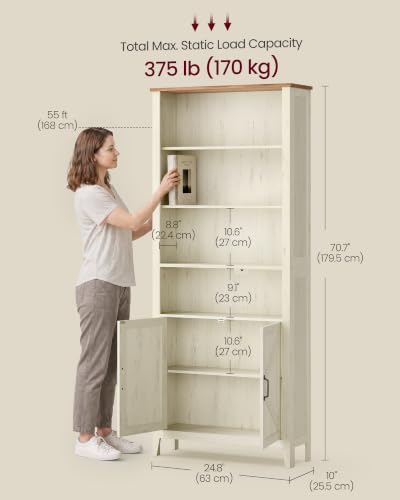 VASAGLE Liry Collection Farmhouse Bookshelf, 6-Tier Bookcase with Doors, Storage Cabinets, 24.8 x 10 x 70.7 inch, for Home Office, Living Room, Cloud White and Warm Brown ULBC134W101S