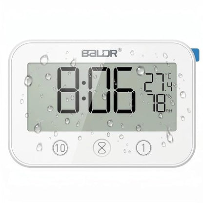 Digital LCD Waterproof Timer Shower Clock, Waterproof for Water Spray, Bathroom Clock Wall Mount, Two Suction Cup, Displays Time, Temperature, and Indoor Relative Humidity (1, White)