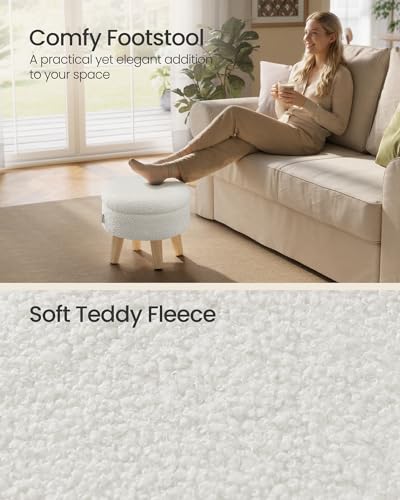 SONGMICS Storage Ottoman, Foot Stool, Foot Rest with Wood Legs | Small Table for Hallway, Living Room, 12.2 Inches, Teddy Fleece, White ULOM515WD01