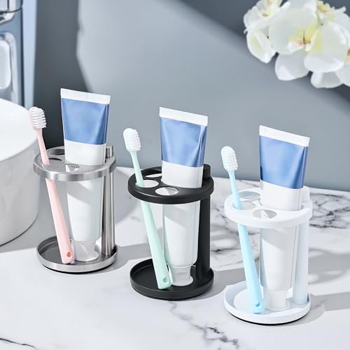 Toothbrush & Toothpaste Holder for Bathroom Countertop, Metal Electric Toothbrush Stand with Razor Slot, Ideal Design Caddy for Kids & Family, Brushed Silver