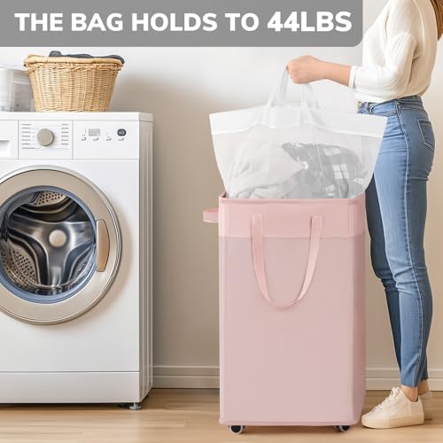 Goodpick 75L Laundry Hamper with Wheels, Dorm Room Essentials for Girls | Laundry Basket with Wheels, Collapsible Laundry Basket, Rolling Laundry Hamper with Handle for College Dorm,Pink