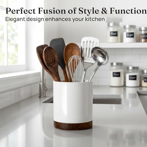 Ceramic Rotating Utensil Holder for Countertop Kitchen Organizer White | 7.2'' 360° Stable Large Utensil Crock Cooking Utensils for Kitchen Counter, No-Slip, Modern Farmhouse Decor, Christmas Gift