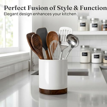 Ceramic Rotating Utensil Holder for Countertop Kitchen Organizer White | 7.2'' 360° Stable Large Utensil Crock Cooking Utensils for Kitchen Counter, No-Slip, Modern Farmhouse Decor, Christmas Gift