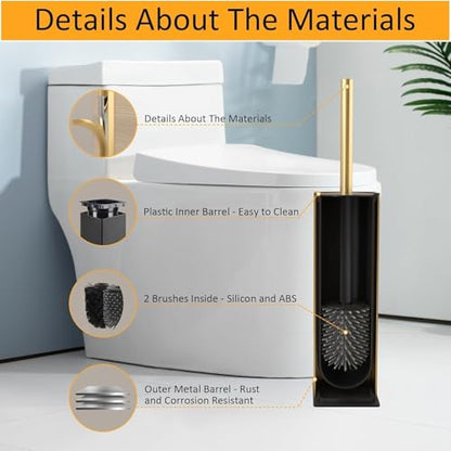 BGL Standing Toilet Brush and Holder Brushed Gold Aluminium Toilet Bowl Cleaner Brush and Holder for Bathroom Storage and Organization, Square Design Sturdy and Space Saving