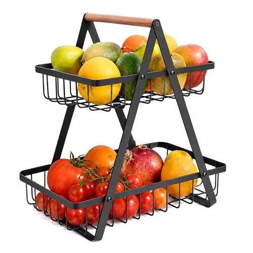 mahueeol 2-Tier Metal Fruit Basket for Kitchen Counter with Wooden Handle | Detachable rectangular baskets hold fruits, vegetables, bread and snacks; use stacked or separately in kitchens and pantries