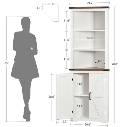 Farmhouse Corner Cabinet, 70" H Tall Corner Hutch with 5 Shelves & 2 Barn Doors, Bathroom Cabinet with Adjustable Shelf, for Living Room, Kitchen, Bathroom, White