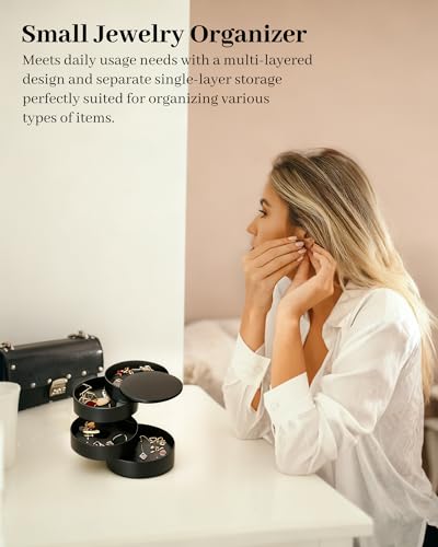 CONBOLA Jewelry Organizer, Small Jewelry Storage Box Earring Holder for Women, 5-Layer Rotating Travel Jewelry Tray Case with Lid for Bracelets Rings Bracelets(Black)