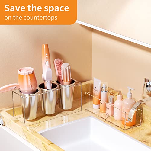 NIUBEE Acrylic Hair Tool Organizer,Hair Blow Dryer Holder with 3 Cups,Clear | Acrylic Hot Tools Organizer,Hair Organizer Storage Countertop,Blow Dryer Holder for Curling Iron,Brush, Straightener,Bathroom